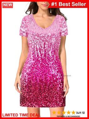 Sequin Glitter Short Sleeve V Neck Mini Bodycon Party Dress